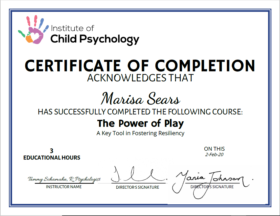 Institute of Child Psychology Workshop Certificate powered by SimpleCert®